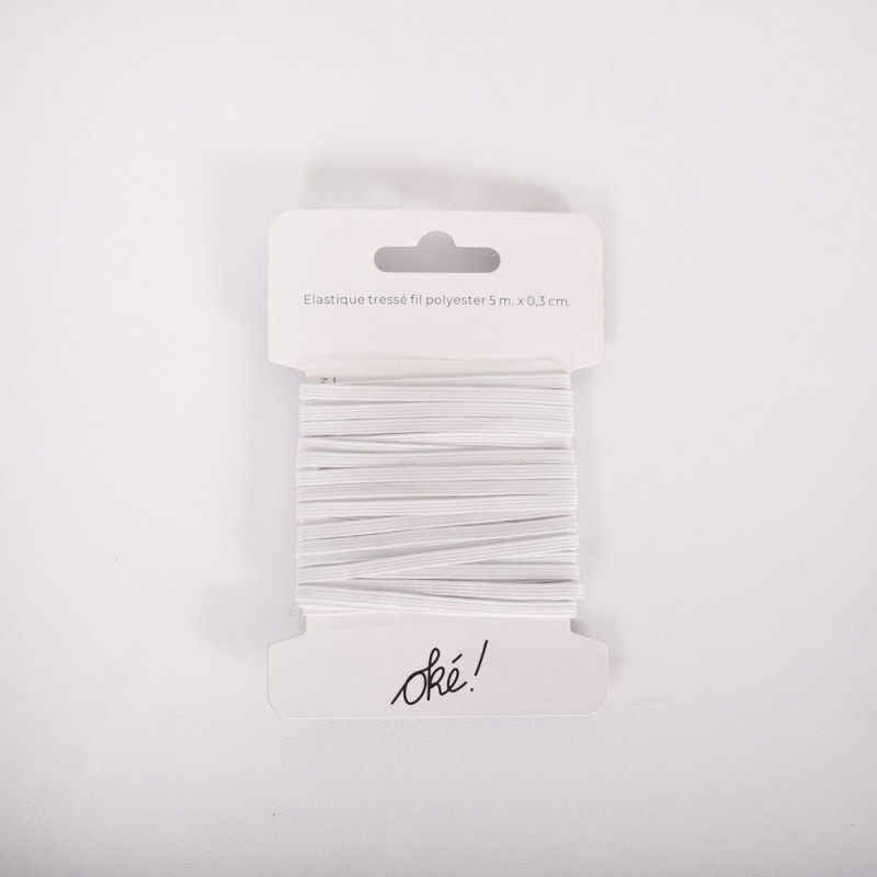 SACHET DE 6 / ELASTIQUE TRESSE POLYESTER BLANC 3 MM. X 5 M.
